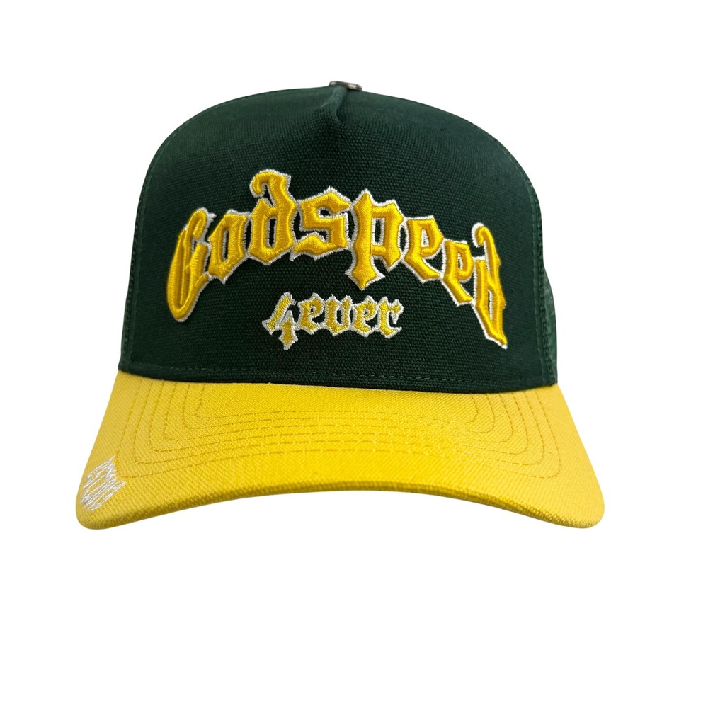 Godspeed 4ever Trucker Hat Green Yellow Embroidered Snapback Side Patch Cap